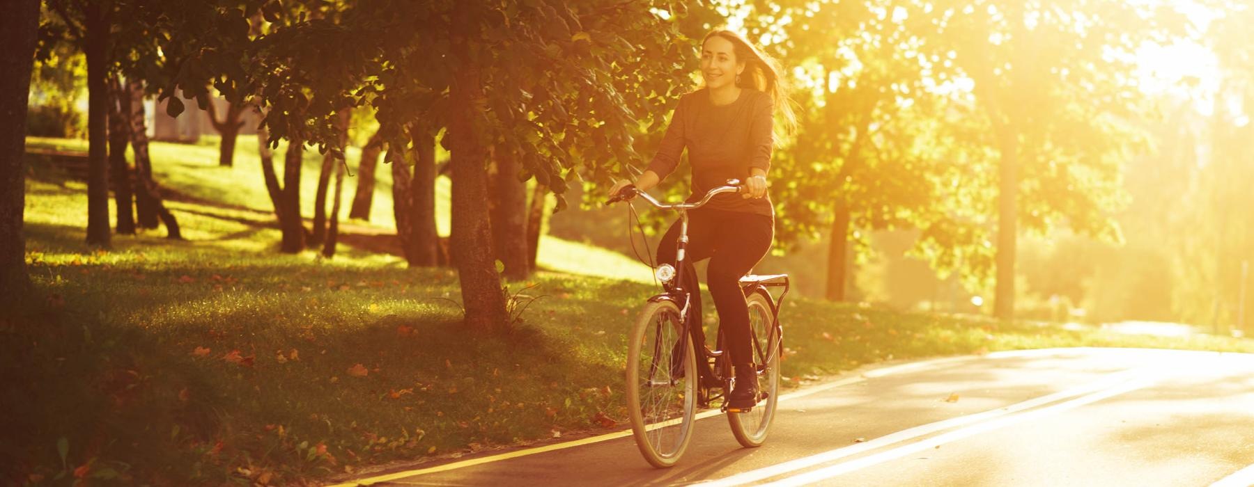 a person riding a bicycle on a road with trees on either side